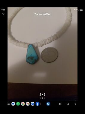 White Shell Bead Necklace with real Turquoise Teardrop .925 sterling Pendant